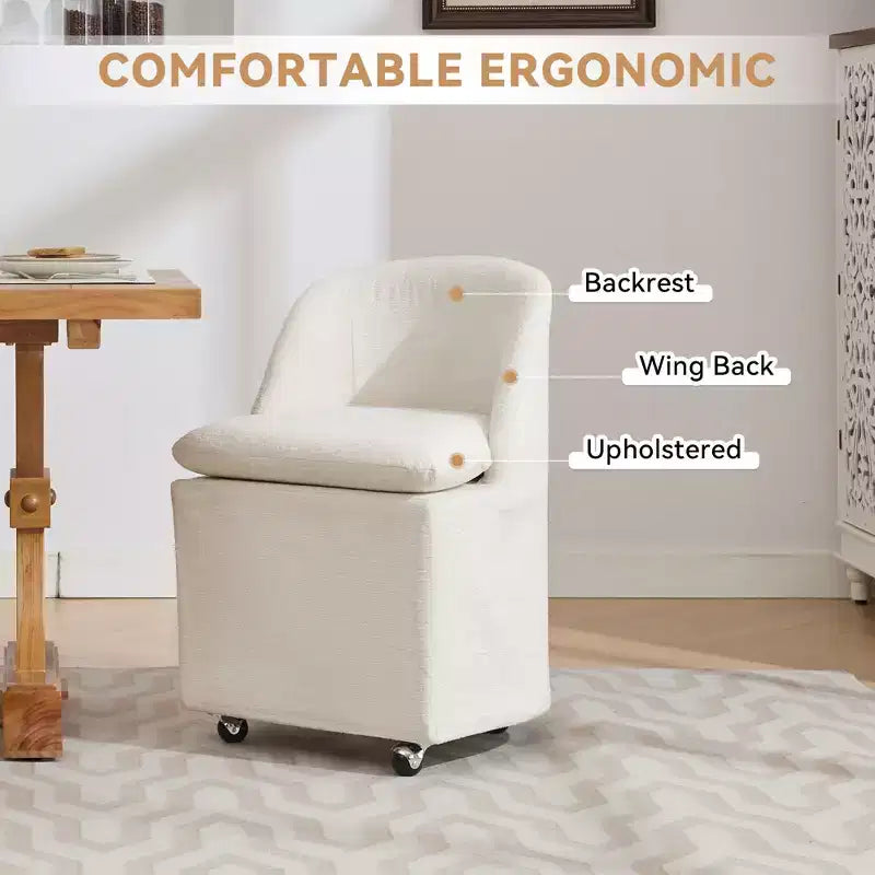 Sedia girevole da pranzo in ciniglia beige/blu con ruote, set da 2