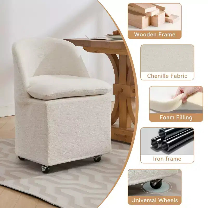 Sedia girevole da pranzo in ciniglia beige/blu con ruote, set da 2