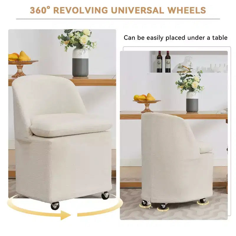 Sedia girevole da pranzo in ciniglia beige/blu con ruote, set da 2