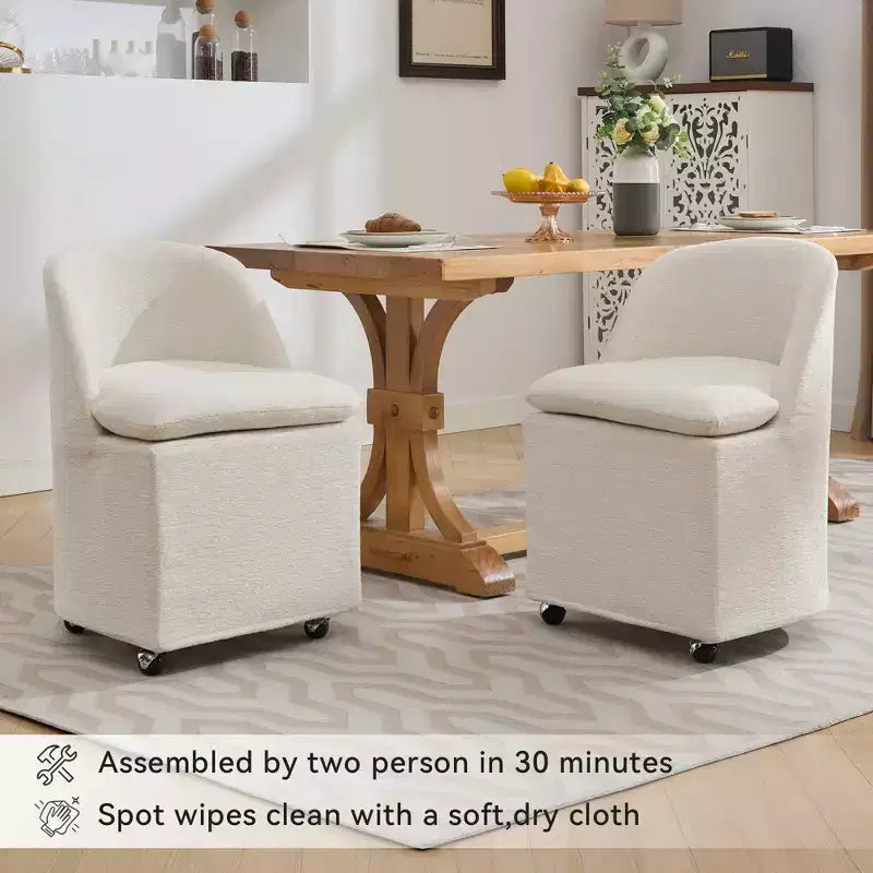 Sedia girevole da pranzo in ciniglia beige/blu con ruote, set da 2