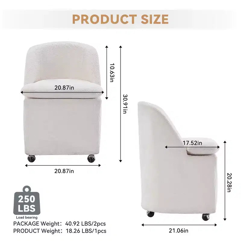 Sedia girevole da pranzo in ciniglia beige/blu con ruote, set da 2