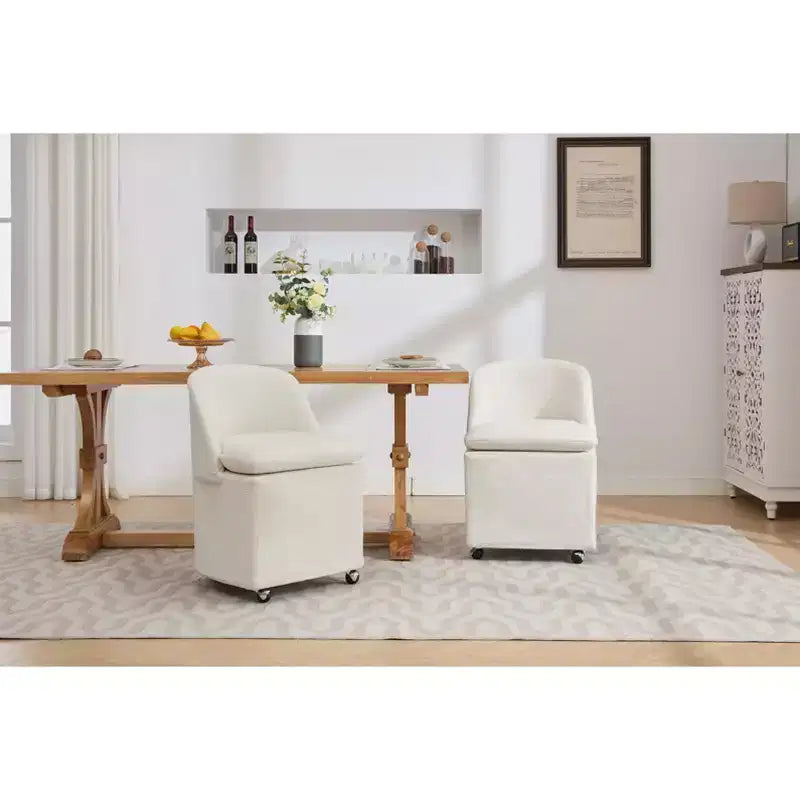 Sedia girevole da pranzo in ciniglia beige/blu con ruote, set da 2