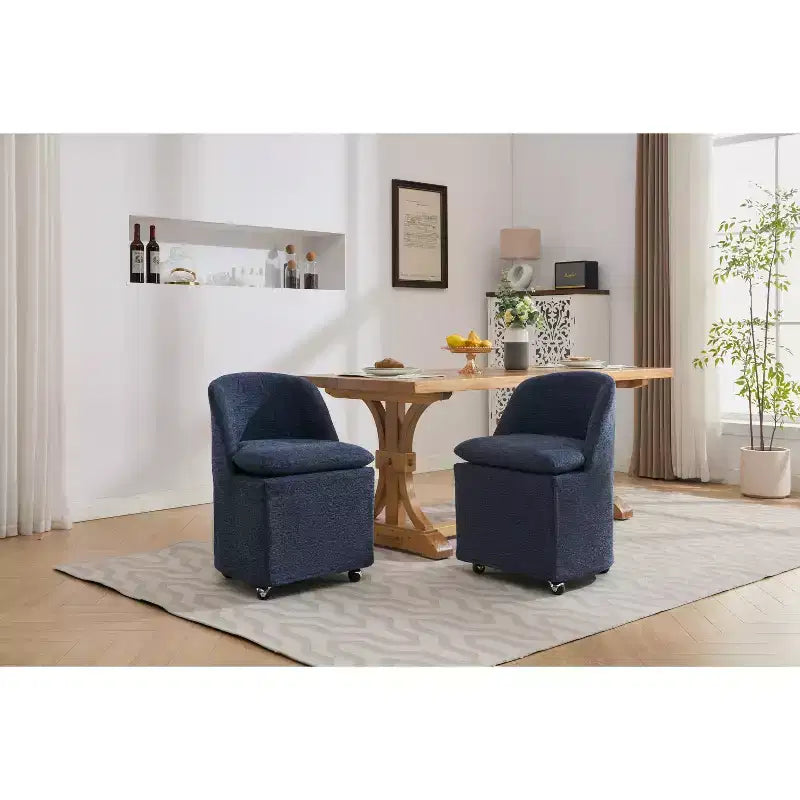 Sedia girevole da pranzo in ciniglia beige/blu con ruote, set da 2