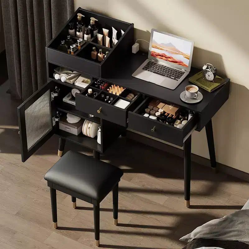 Set Tavolino da Trucco Rettangolare Nero con Sgabello, 1 Posto