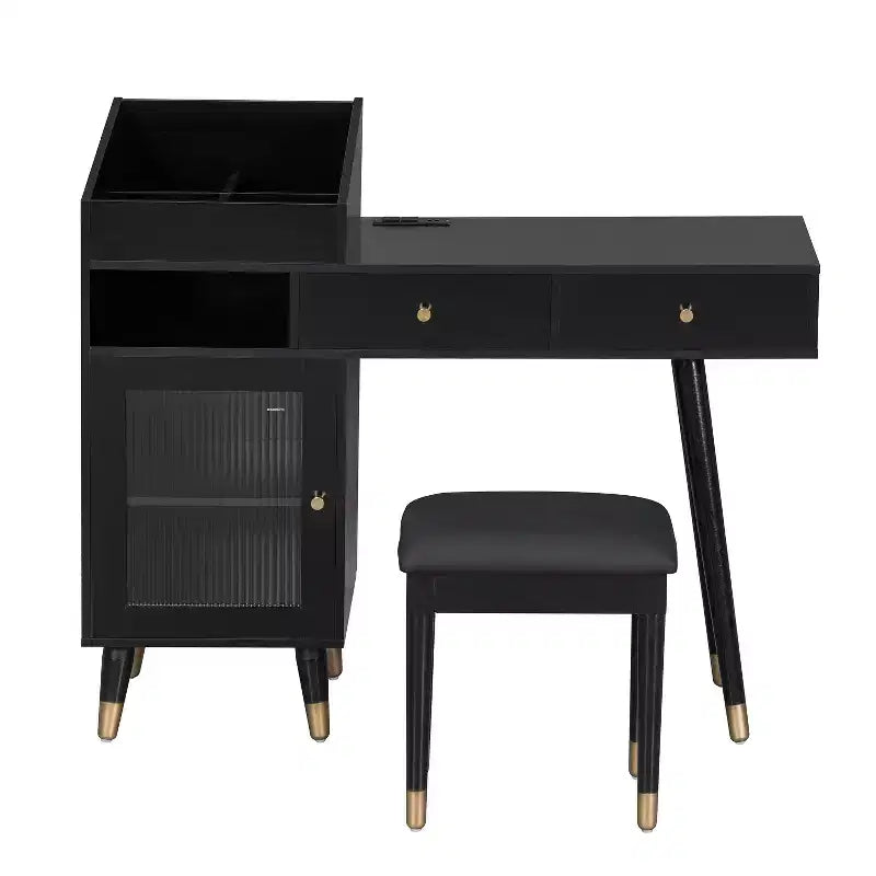 Set Tavolino da Trucco Rettangolare Nero con Sgabello, 1 Posto
