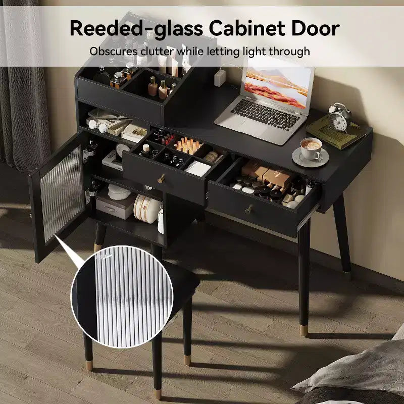 Set Tavolino da Trucco Rettangolare Nero con Sgabello, 1 Posto
