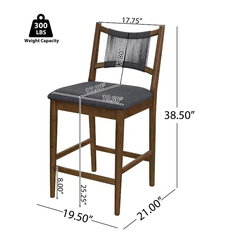 Sgabello da bancone imbottito beige/antracite e noce con schienale in corda, set da 4