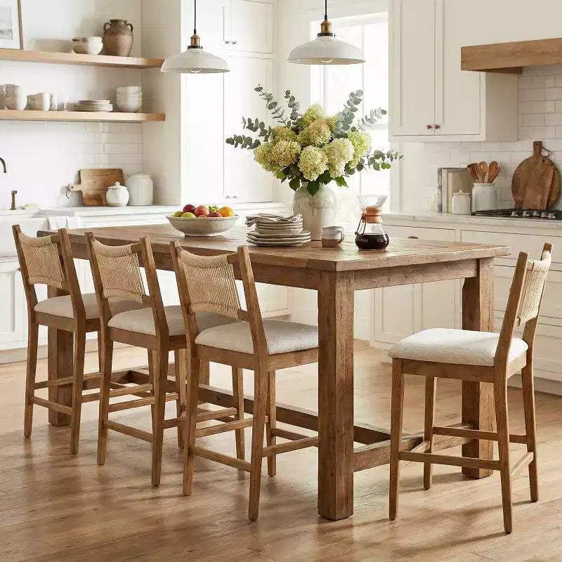 Sgabello da bancone imbottito beige/antracite e noce con schienale in corda, set da 4