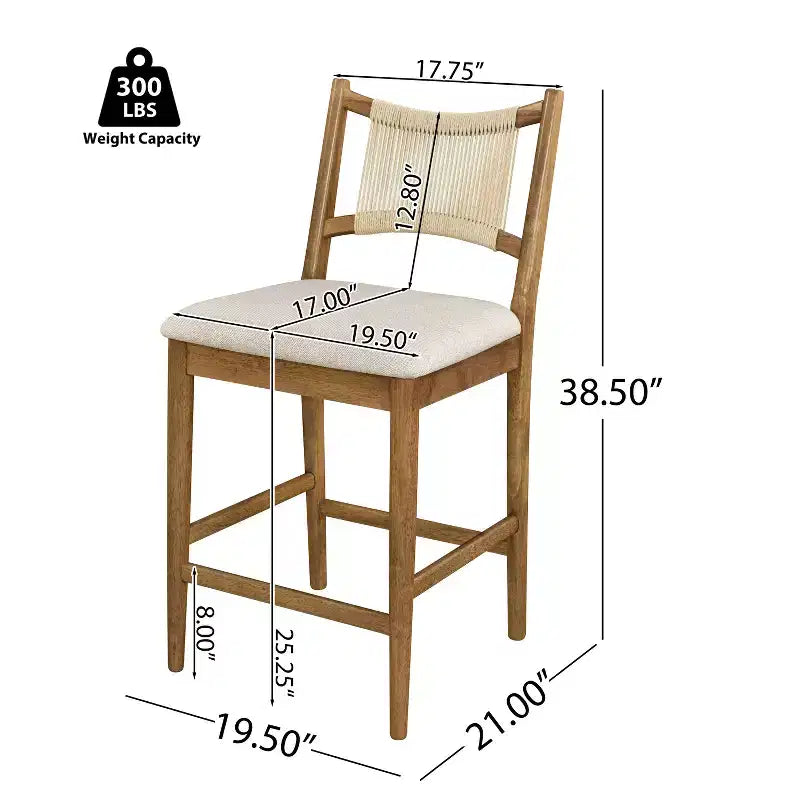 Sgabello da bancone imbottito beige/antracite e noce con schienale in corda, set da 4