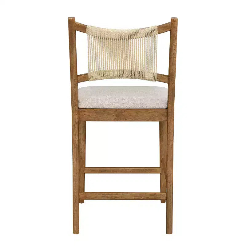 Sgabello da bancone imbottito beige/antracite e noce con schienale in corda, set da 4