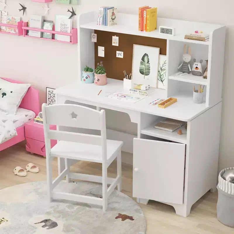 Scrivania per bambini in legno rosa/bianca con sedia e contenitore – 1 bambino