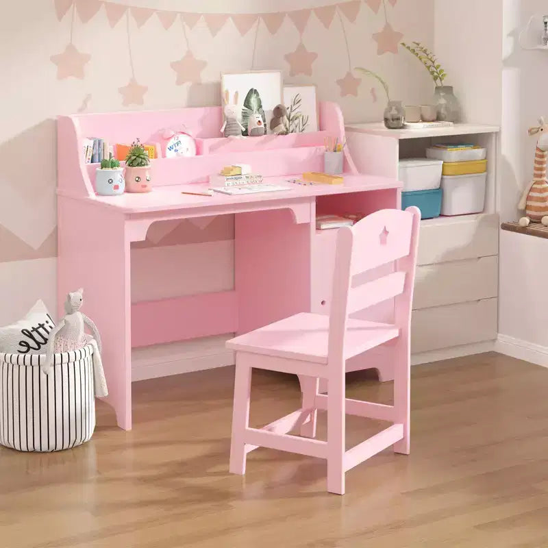 Scrivania per bambini in legno rosa/bianca con sedia e contenitore – 1 bambino