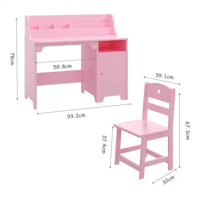 Scrivania per bambini in legno rosa/bianca con sedia e contenitore – 1 bambino