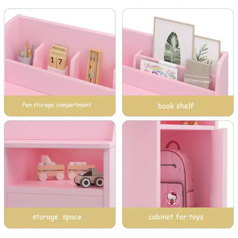 Scrivania per bambini in legno rosa/bianca con sedia e contenitore – 1 bambino