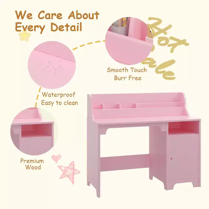 Scrivania per bambini in legno rosa/bianca con sedia e contenitore – 1 bambino