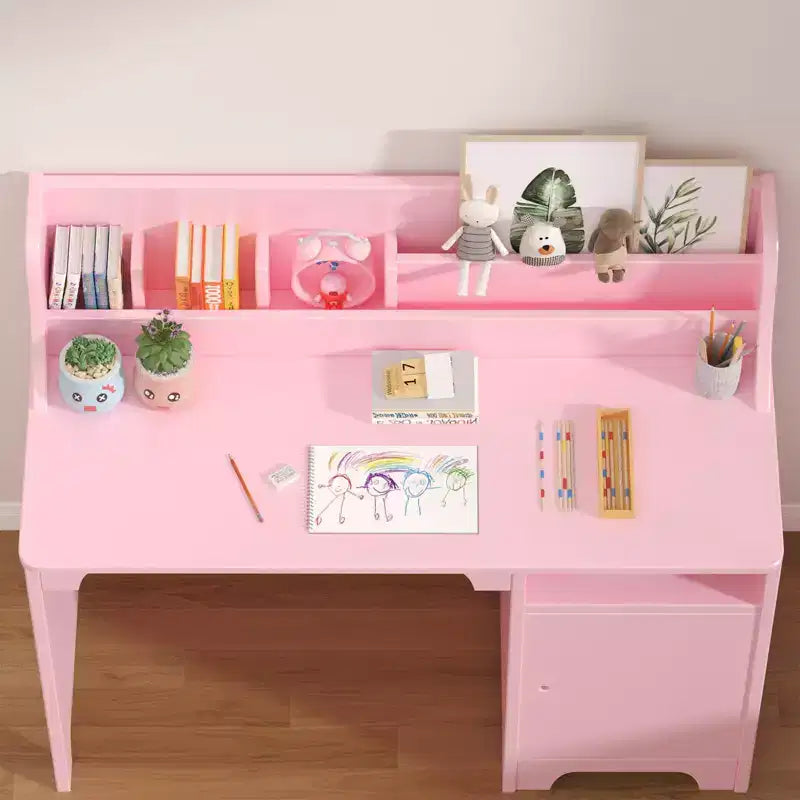 Scrivania per bambini in legno rosa/bianca con sedia e contenitore – 1 bambino