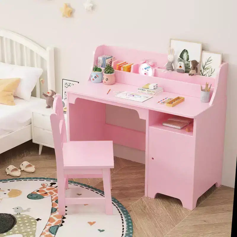 Scrivania per bambini in legno rosa/bianca con sedia e contenitore – 1 bambino
