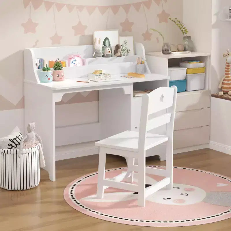 Scrivania per bambini in legno rosa/bianca con sedia e contenitore – 1 bambino