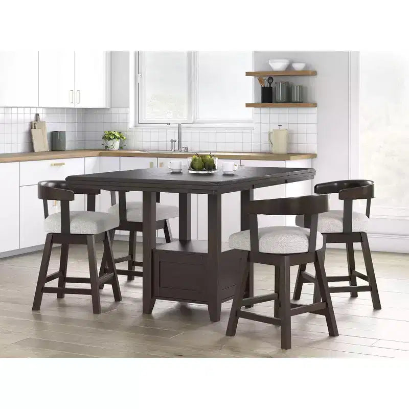 Set di 2 sgabelli da bar girevoli imbottiti grigi con struttura in legno marrone scuro