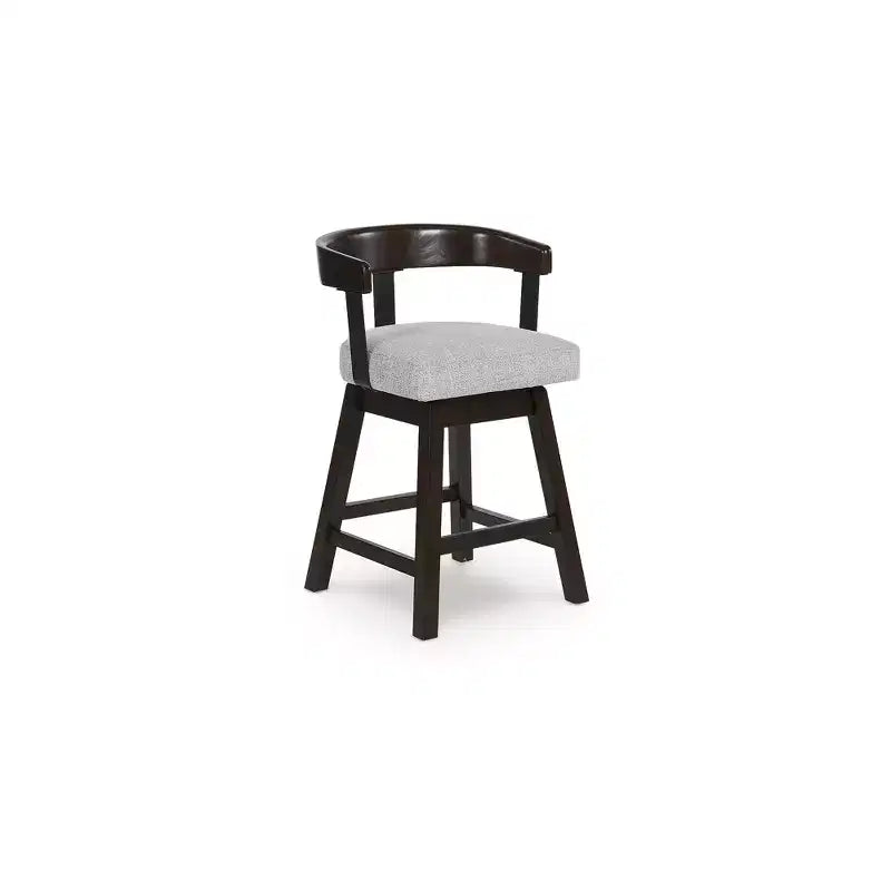 Set di 2 sgabelli da bar girevoli imbottiti grigi con struttura in legno marrone scuro