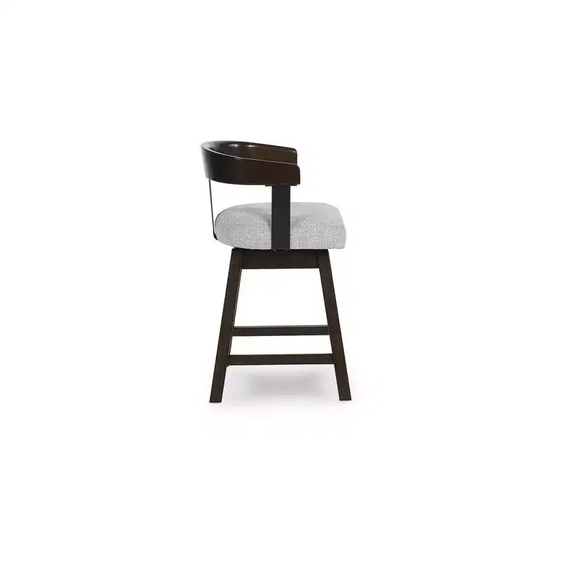Set di 2 sgabelli da bar girevoli imbottiti grigi con struttura in legno marrone scuro