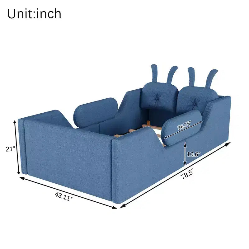 Letto doppio per bambini, blu/grigio/rosa/bianco, imbottito, cuscino a coniglio, sponde laterali rimovibili, 1 bambino