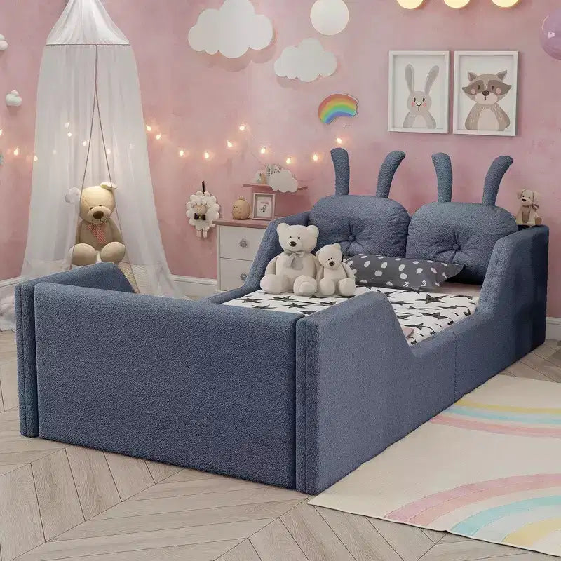 Letto doppio per bambini, blu/grigio/rosa/bianco, imbottito, cuscino a coniglio, sponde laterali rimovibili, 1 bambino