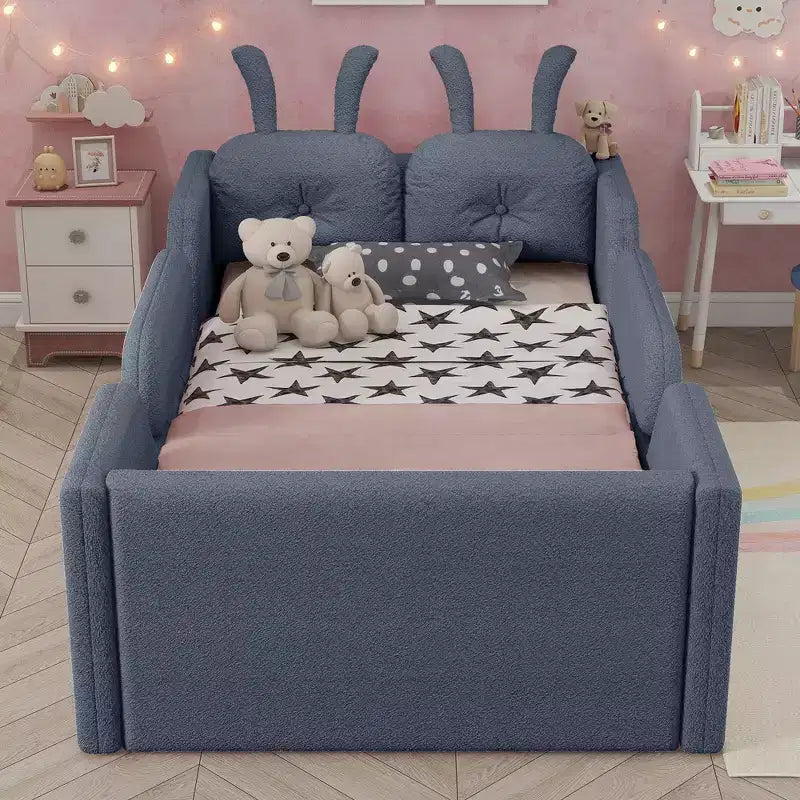 Letto doppio per bambini, blu/grigio/rosa/bianco, imbottito, cuscino a coniglio, sponde laterali rimovibili, 1 bambino