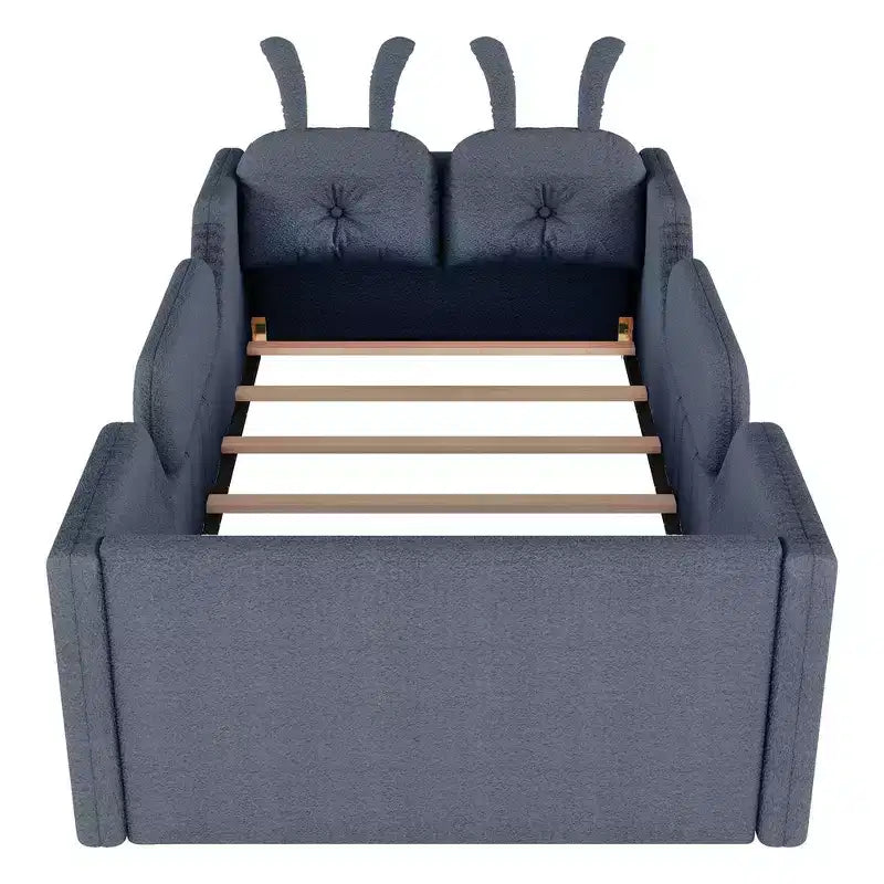 Letto doppio per bambini, blu/grigio/rosa/bianco, imbottito, cuscino a coniglio, sponde laterali rimovibili, 1 bambino