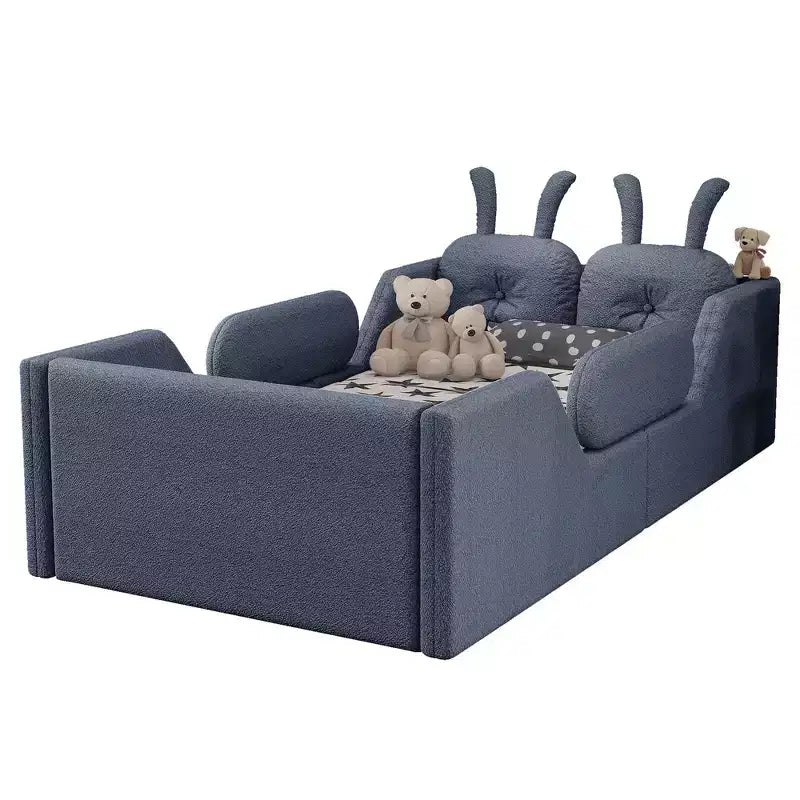 Letto doppio per bambini, blu/grigio/rosa/bianco, imbottito, cuscino a coniglio, sponde laterali rimovibili, 1 bambino