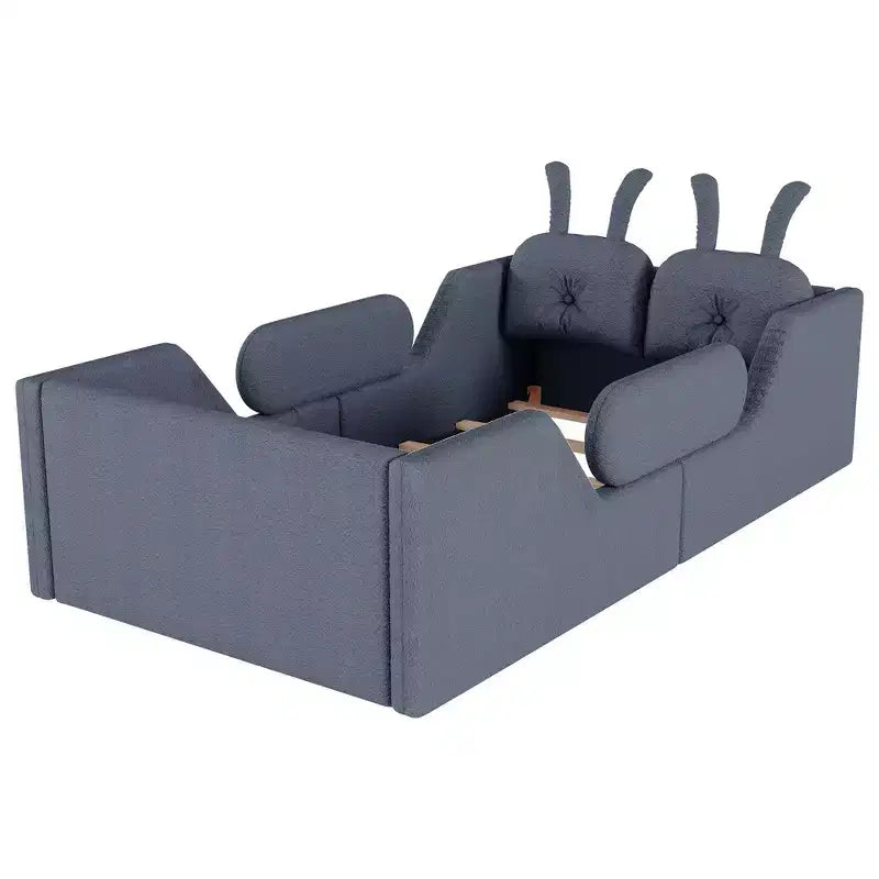 Letto doppio per bambini, blu/grigio/rosa/bianco, imbottito, cuscino a coniglio, sponde laterali rimovibili, 1 bambino