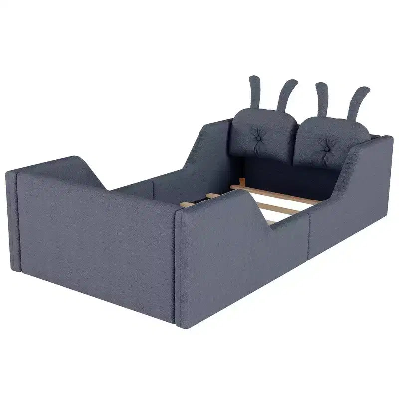 Letto doppio per bambini, blu/grigio/rosa/bianco, imbottito, cuscino a coniglio, sponde laterali rimovibili, 1 bambino