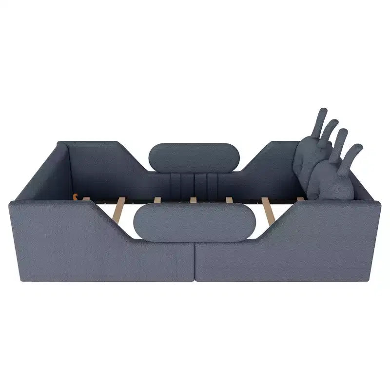 Letto doppio per bambini, blu/grigio/rosa/bianco, imbottito, cuscino a coniglio, sponde laterali rimovibili, 1 bambino