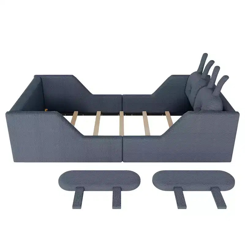 Letto doppio per bambini, blu/grigio/rosa/bianco, imbottito, cuscino a coniglio, sponde laterali rimovibili, 1 bambino