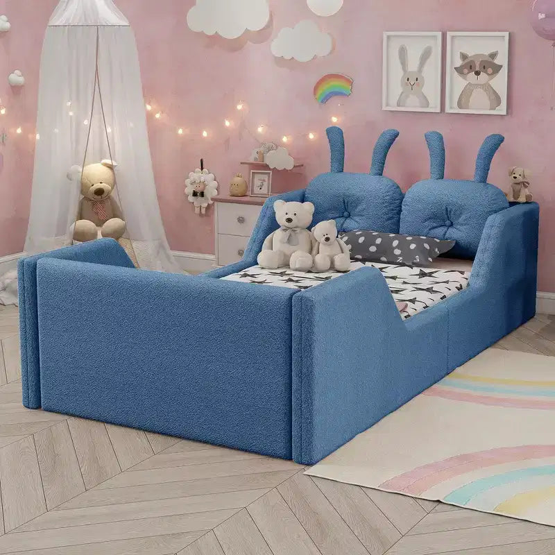 Letto doppio per bambini, blu/grigio/rosa/bianco, imbottito, cuscino a coniglio, sponde laterali rimovibili, 1 bambino