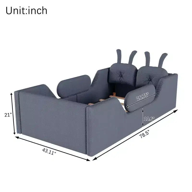 Letto doppio per bambini, blu/grigio/rosa/bianco, imbottito, cuscino a coniglio, sponde laterali rimovibili, 1 bambino
