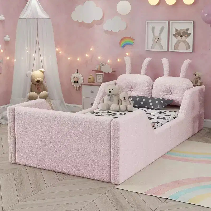 Letto doppio per bambini, blu/grigio/rosa/bianco, imbottito, cuscino a coniglio, sponde laterali rimovibili, 1 bambino