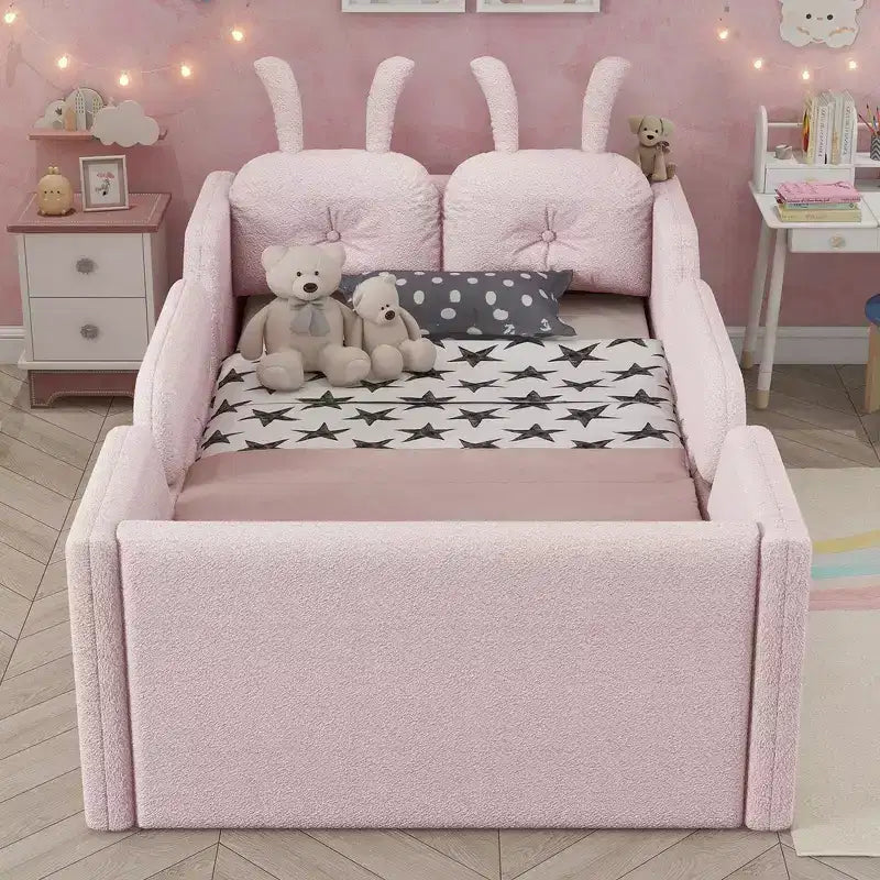 Letto doppio per bambini, blu/grigio/rosa/bianco, imbottito, cuscino a coniglio, sponde laterali rimovibili, 1 bambino