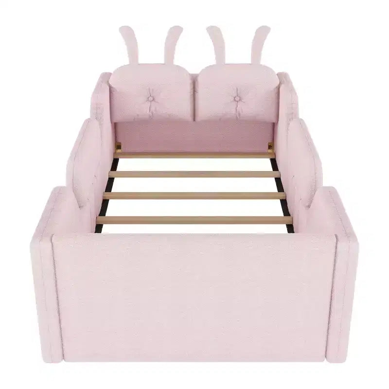 Letto doppio per bambini, blu/grigio/rosa/bianco, imbottito, cuscino a coniglio, sponde laterali rimovibili, 1 bambino
