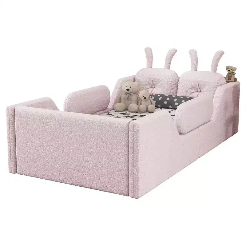 Letto doppio per bambini, blu/grigio/rosa/bianco, imbottito, cuscino a coniglio, sponde laterali rimovibili, 1 bambino