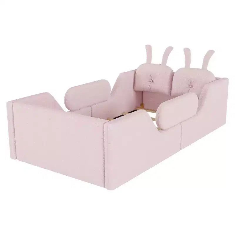 Letto doppio per bambini, blu/grigio/rosa/bianco, imbottito, cuscino a coniglio, sponde laterali rimovibili, 1 bambino