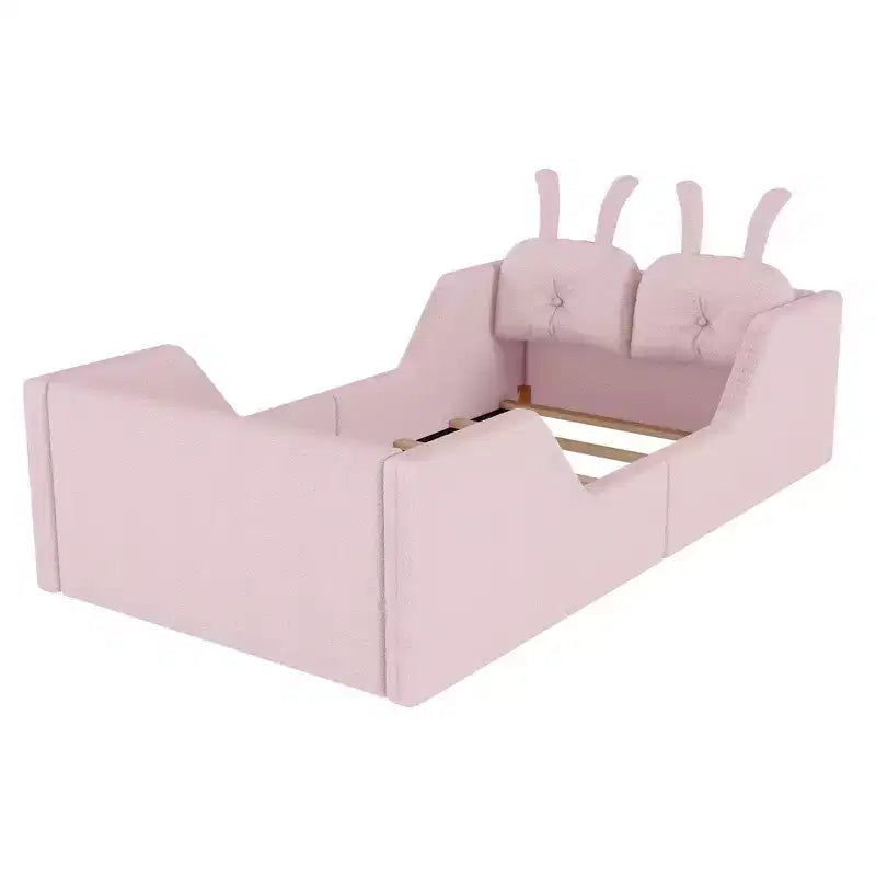 Letto doppio per bambini, blu/grigio/rosa/bianco, imbottito, cuscino a coniglio, sponde laterali rimovibili, 1 bambino
