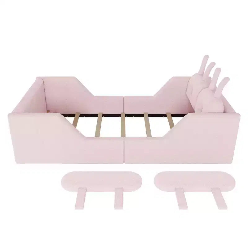 Letto doppio per bambini, blu/grigio/rosa/bianco, imbottito, cuscino a coniglio, sponde laterali rimovibili, 1 bambino