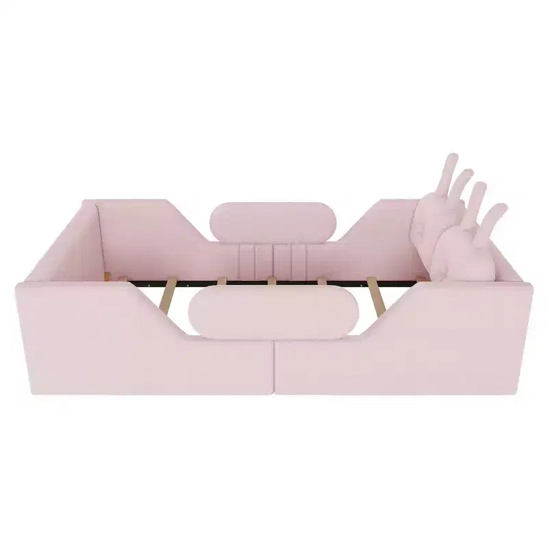Letto doppio per bambini, blu/grigio/rosa/bianco, imbottito, cuscino a coniglio, sponde laterali rimovibili, 1 bambino