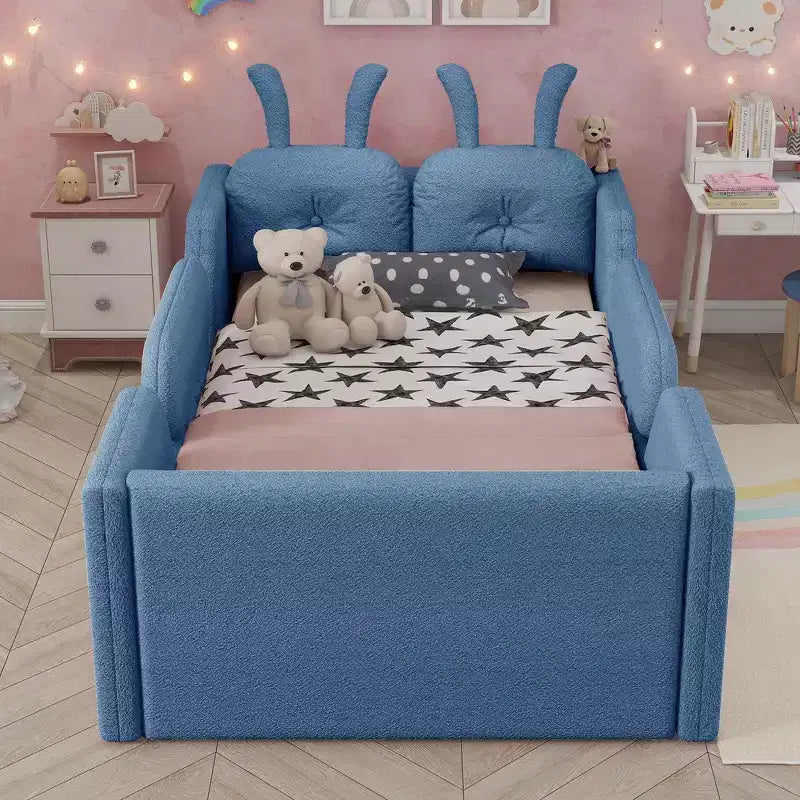 Letto doppio per bambini, blu/grigio/rosa/bianco, imbottito, cuscino a coniglio, sponde laterali rimovibili, 1 bambino