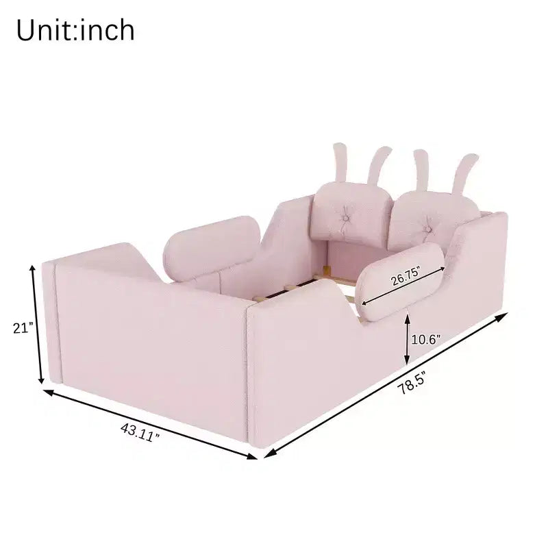 Letto doppio per bambini, blu/grigio/rosa/bianco, imbottito, cuscino a coniglio, sponde laterali rimovibili, 1 bambino