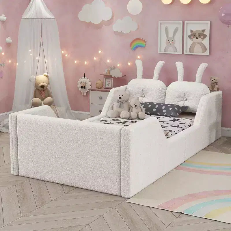Letto doppio per bambini, blu/grigio/rosa/bianco, imbottito, cuscino a coniglio, sponde laterali rimovibili, 1 bambino