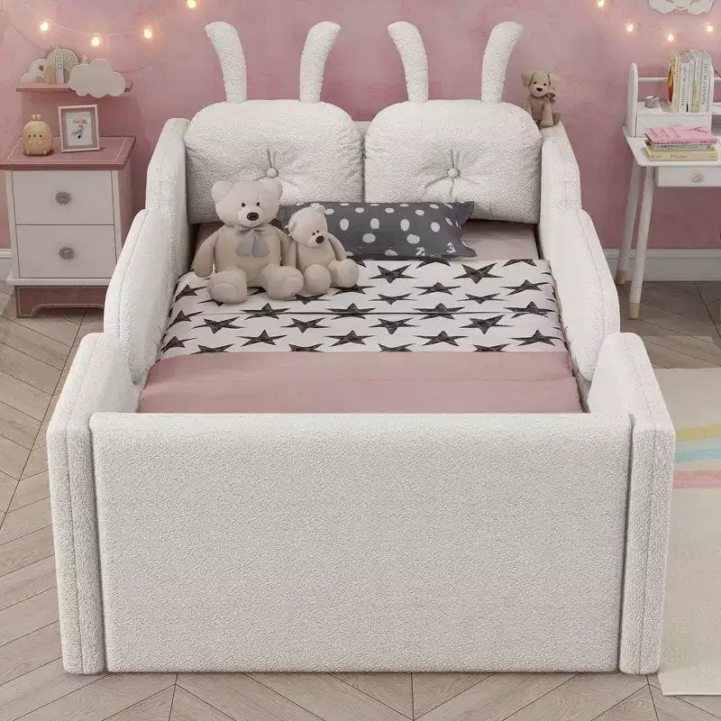 Letto doppio per bambini, blu/grigio/rosa/bianco, imbottito, cuscino a coniglio, sponde laterali rimovibili, 1 bambino