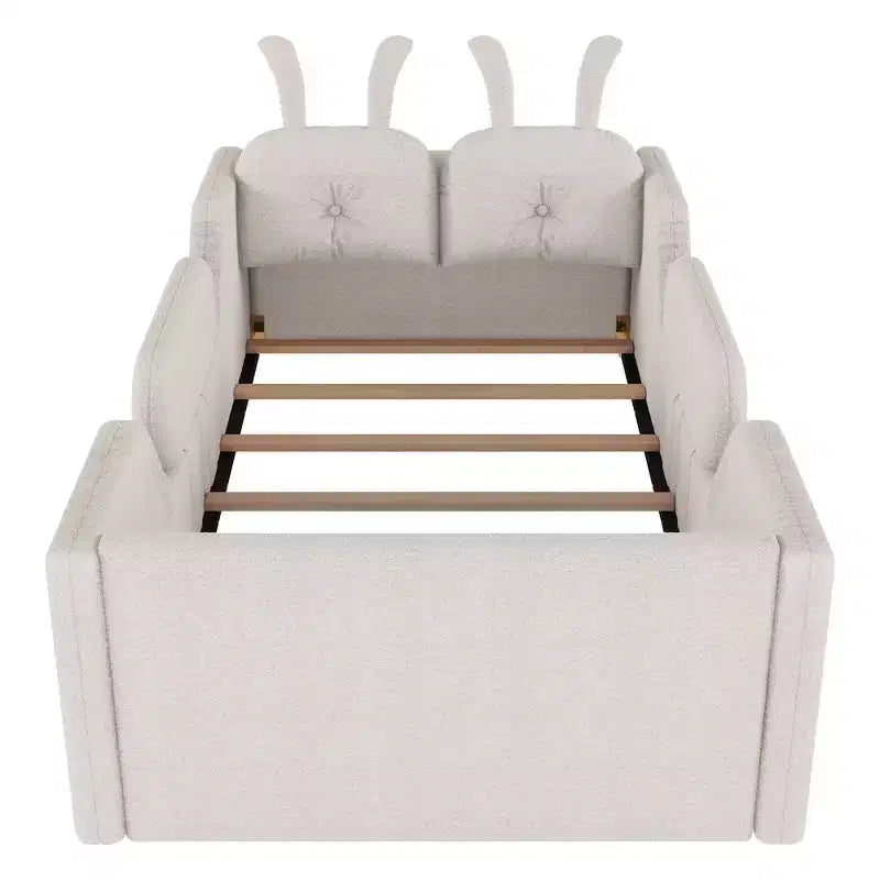Letto doppio per bambini, blu/grigio/rosa/bianco, imbottito, cuscino a coniglio, sponde laterali rimovibili, 1 bambino