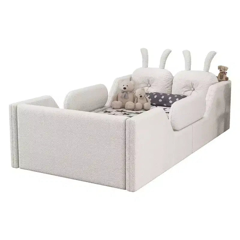 Letto doppio per bambini, blu/grigio/rosa/bianco, imbottito, cuscino a coniglio, sponde laterali rimovibili, 1 bambino